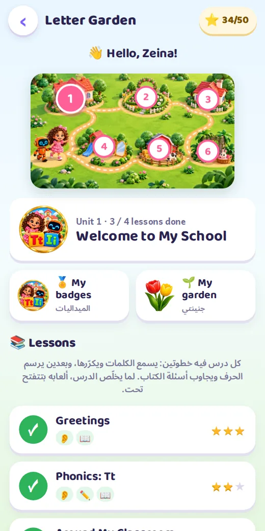 صفحة الوحدة — لعبة إنجليزي أولى ابتدائي